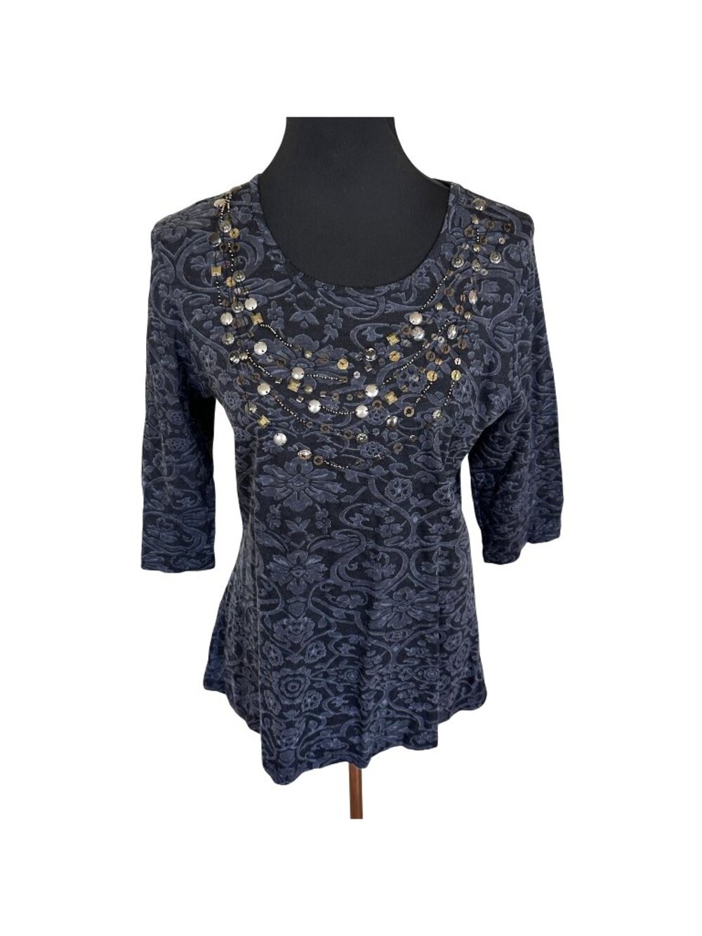 West Bound Womens Blouse Grey Cotton Beaded Top Large Art to Wear Paisley Scoop